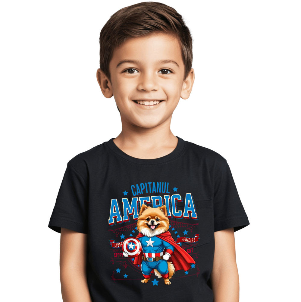 Tricou Femei, Barbati, Copii, Fata, Baiat, Unisex Personalizat Pomeranian în Costum de Captain America cu Pelerină - Cadou Personalizat pentru Copii și Iubitorii de Câini [2]