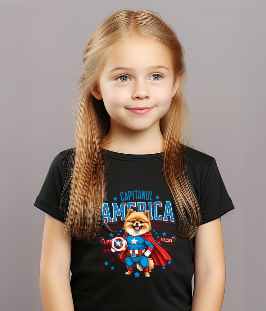 Tricou Femei, Barbati, Copii, Fata, Baiat, Unisex Personalizat Pomeranian în Costum de Captain America cu Pelerină - Cadou Personalizat pentru Copii și Iubitorii de Câini [3]