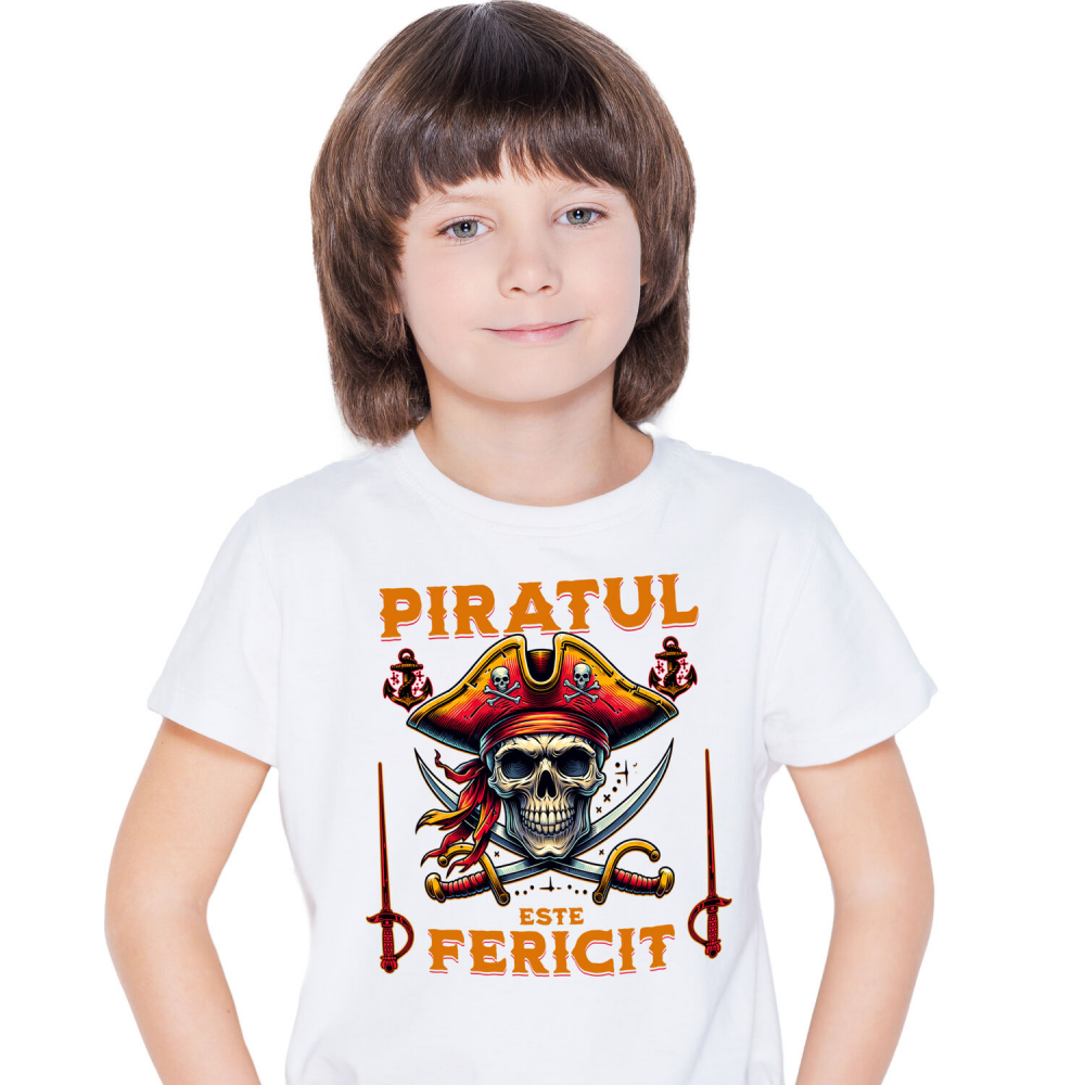 Tricou Femei, Barbati, Copii, Fata, Baiat, Unisex Personalizat Costum Pirat cu Craniu Uman, Palarie și Sabii - Piratul Fericit - Personalizat [2]