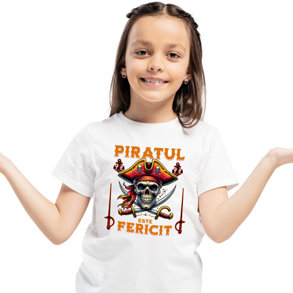 Tricou Femei, Barbati, Copii, Fata, Baiat, Unisex Personalizat Costum Pirat cu Craniu Uman, Palarie și Sabii - Piratul Fericit - Personalizat [1]
