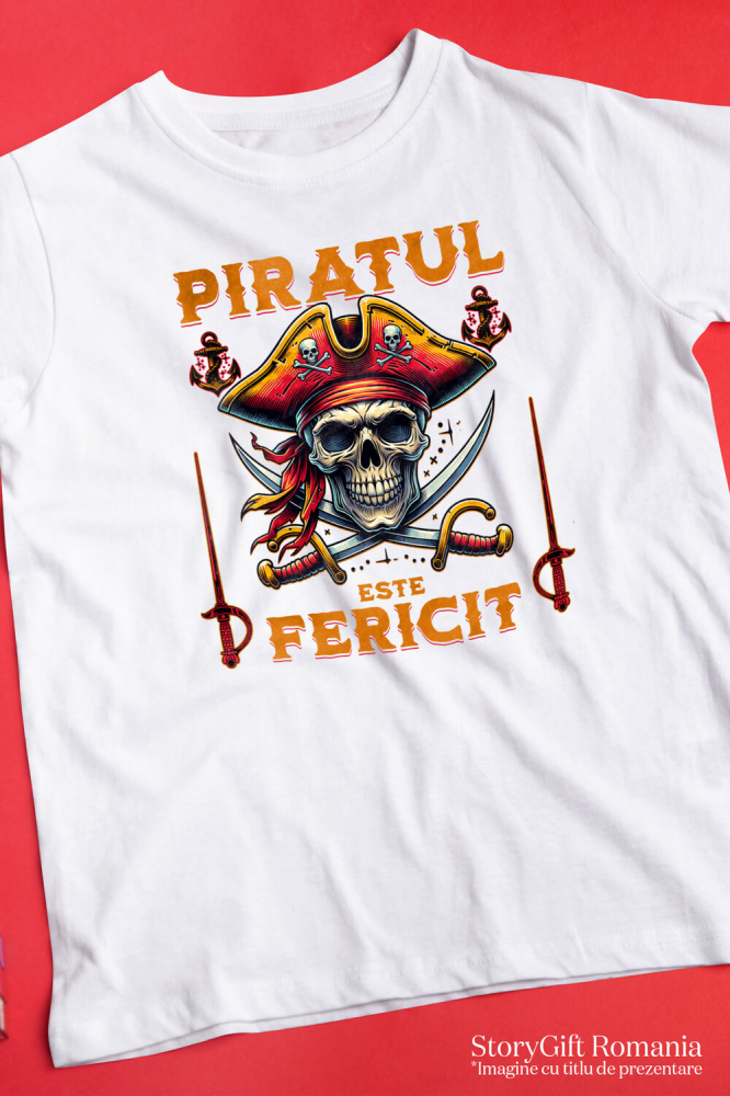 Tricou Femei, Barbati, Copii, Fata, Baiat, Unisex Personalizat Costum Pirat cu Craniu Uman, Palarie și Sabii - Piratul Fericit - Personalizat [3]