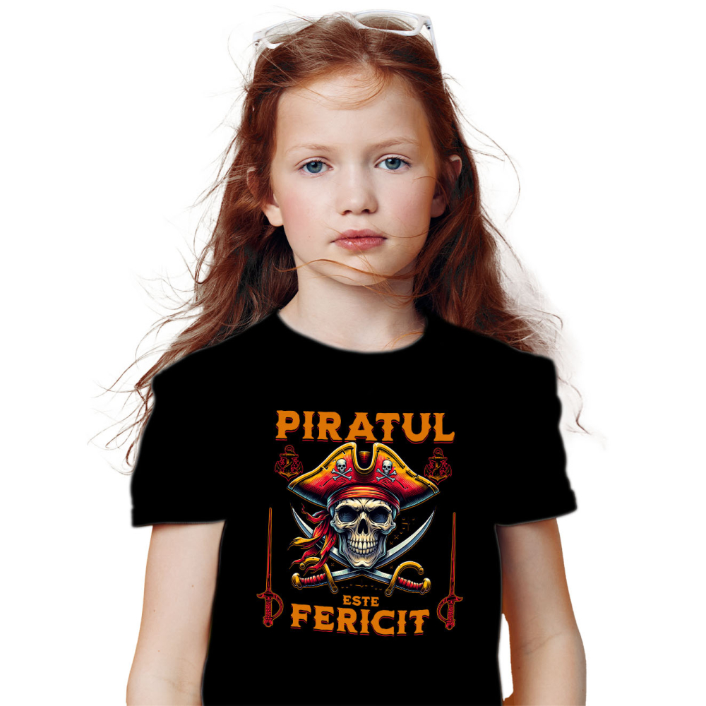 Tricou Femei, Barbati, Copii, Fata, Baiat, Unisex Personalizat Costum Pirat cu Craniu Uman, Palarie și Sabii - Piratul Fericit - Personalizat [2]