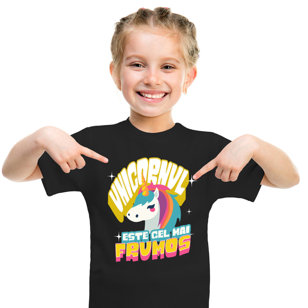 Tricou Femei, Barbati, Copii, Fata, Baiat, Unisex Personalizat Unicorn Colorat Multicolor – Cadou Personalizat „Unicornul este Cel Mai Frumos” pentru Copii [1]