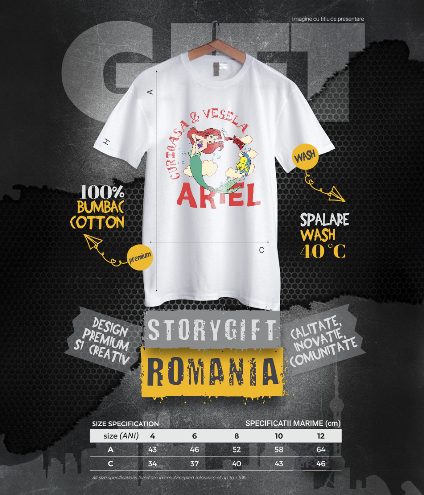 Tricou Copii cu Povesti Sub Apa cu Ariel, Racul si Pestele 100% Bumbac, Alb, 8 Ani [6]