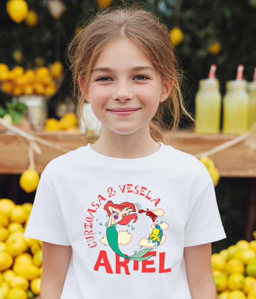 Tricou Copii cu Povesti Sub Apa cu Ariel, Racul si Pestele 100% Bumbac, Alb, 8 Ani [3]