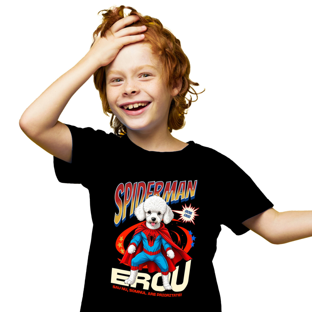 Tricou Femei, Barbati, Copii, Fata, Baiat, Unisex Personalizat Pudel în Costum Spider-Man cu Pelerină - Cadou Personalizat pentru Copii și Iubitorii de Câini [1]
