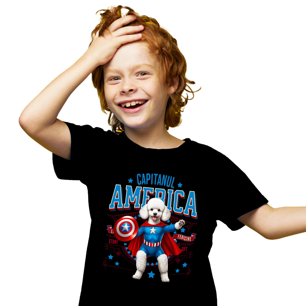 Tricou Femei, Barbati, Copii, Fata, Baiat, Unisex Personalizat Pisica Pudel în Costum de Captain America cu Pelerină - Cadou Personalizat pentru Copii și Iubitorii de Pisici [1]
