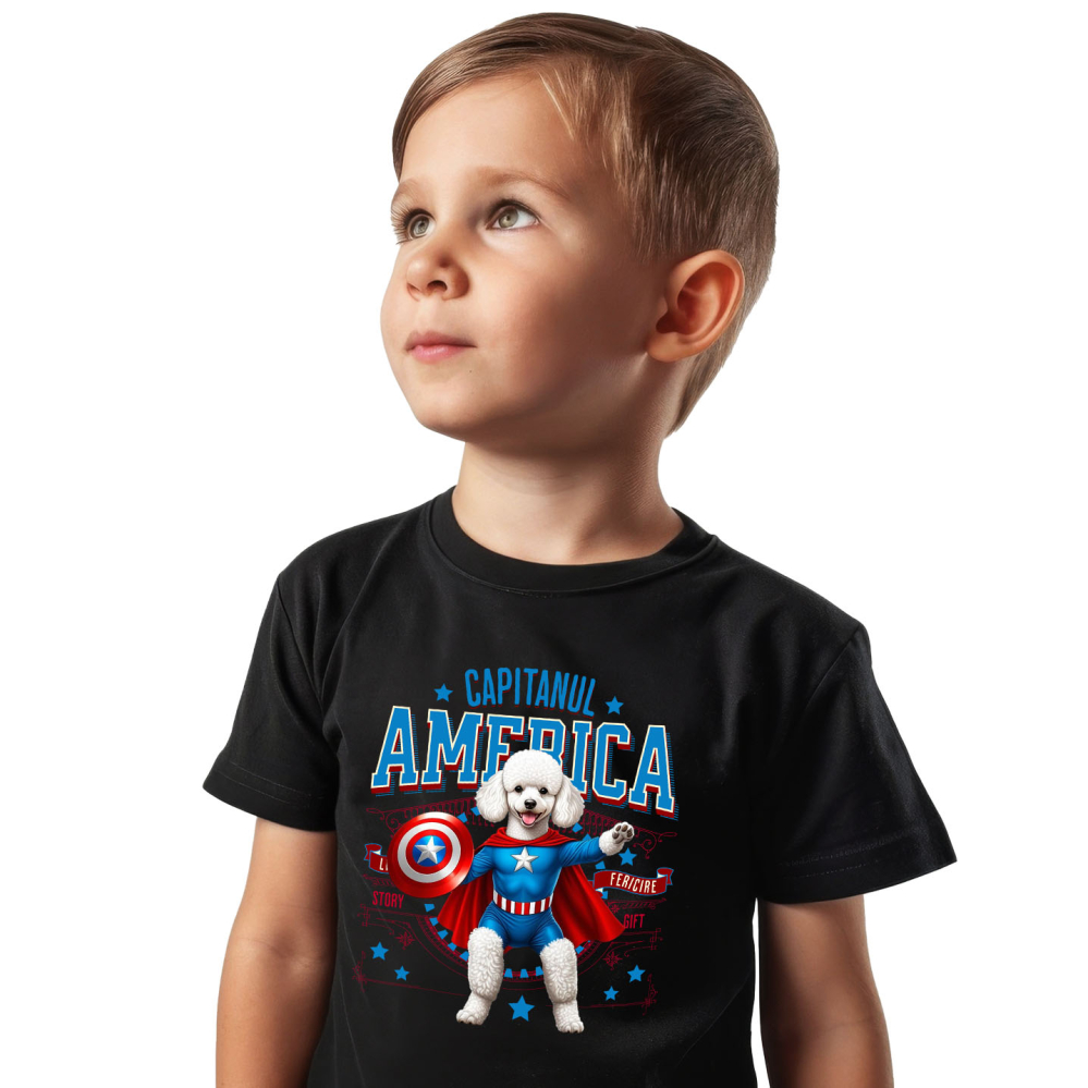 Tricou Femei, Barbati, Copii, Fata, Baiat, Unisex Personalizat Pisica Pudel în Costum de Captain America cu Pelerină - Cadou Personalizat pentru Copii și Iubitorii de Pisici [2]