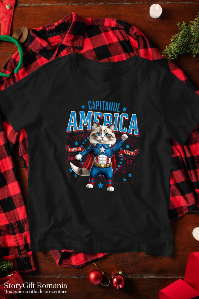 Tricou Femei, Barbati, Copii, Fata, Baiat, Unisex Personalizat Pisica Ragdoll în Costum de Captain America cu Pelerină - Cadou Personalizat pentru Copii și Iubitorii de Pisici [3]
