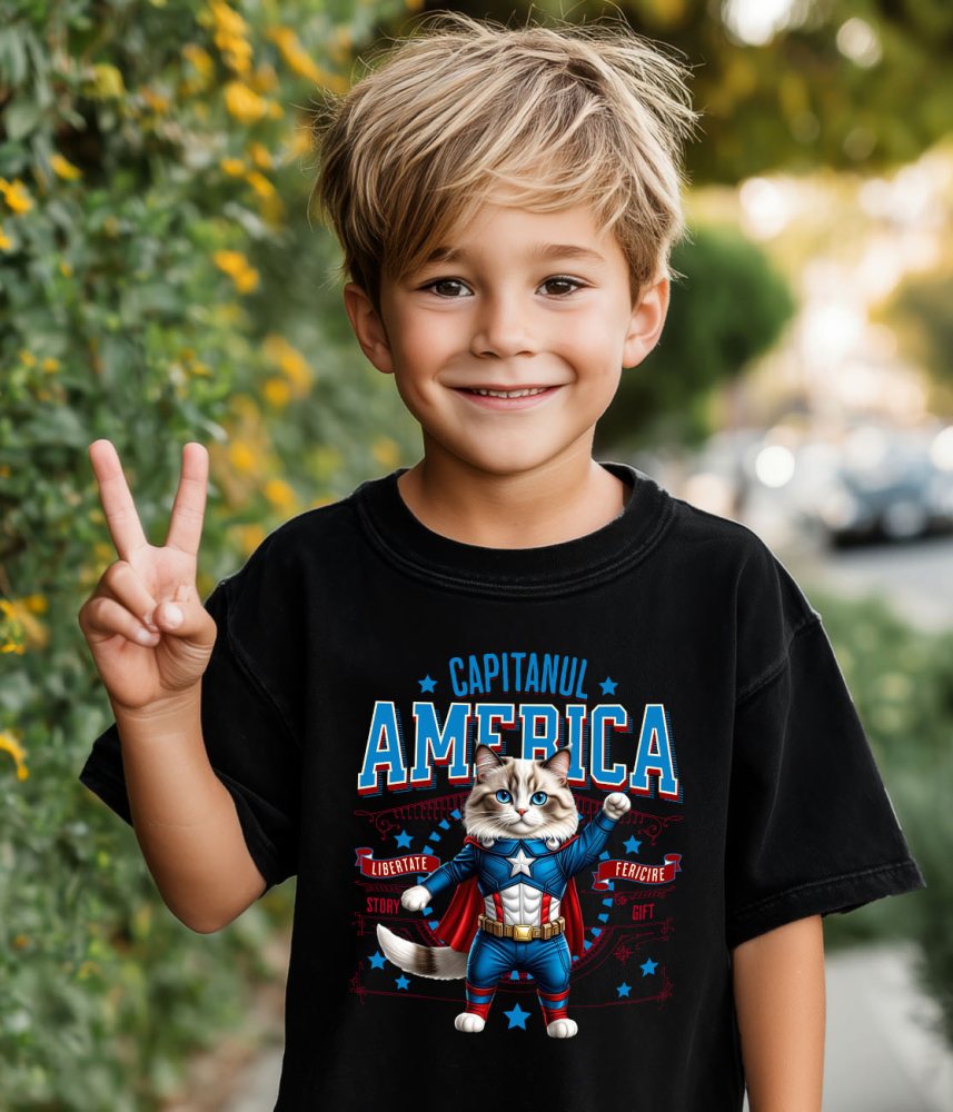 Tricou Femei, Barbati, Copii, Fata, Baiat, Unisex Personalizat Pisica Ragdoll în Costum de Captain America cu Pelerină - Cadou Personalizat pentru Copii și Iubitorii de Pisici [3]