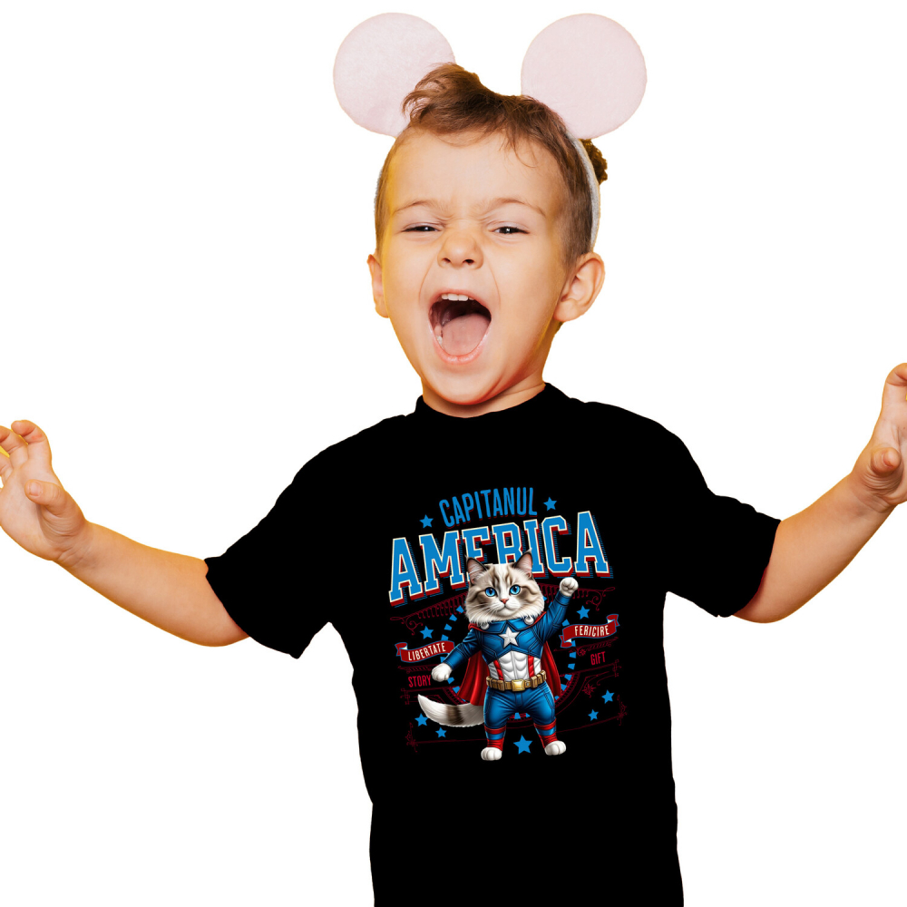 Tricou Femei, Barbati, Copii, Fata, Baiat, Unisex Personalizat Pisica Ragdoll în Costum de Captain America cu Pelerină - Cadou Personalizat pentru Copii și Iubitorii de Pisici [1]