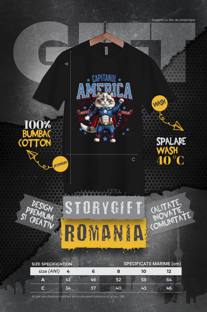 Tricou Femei, Barbati, Copii, Fata, Baiat, Unisex Personalizat Pisica Ragdoll în Costum de Captain America cu Pelerină - Cadou Personalizat pentru Copii și Iubitorii de Pisici [4]