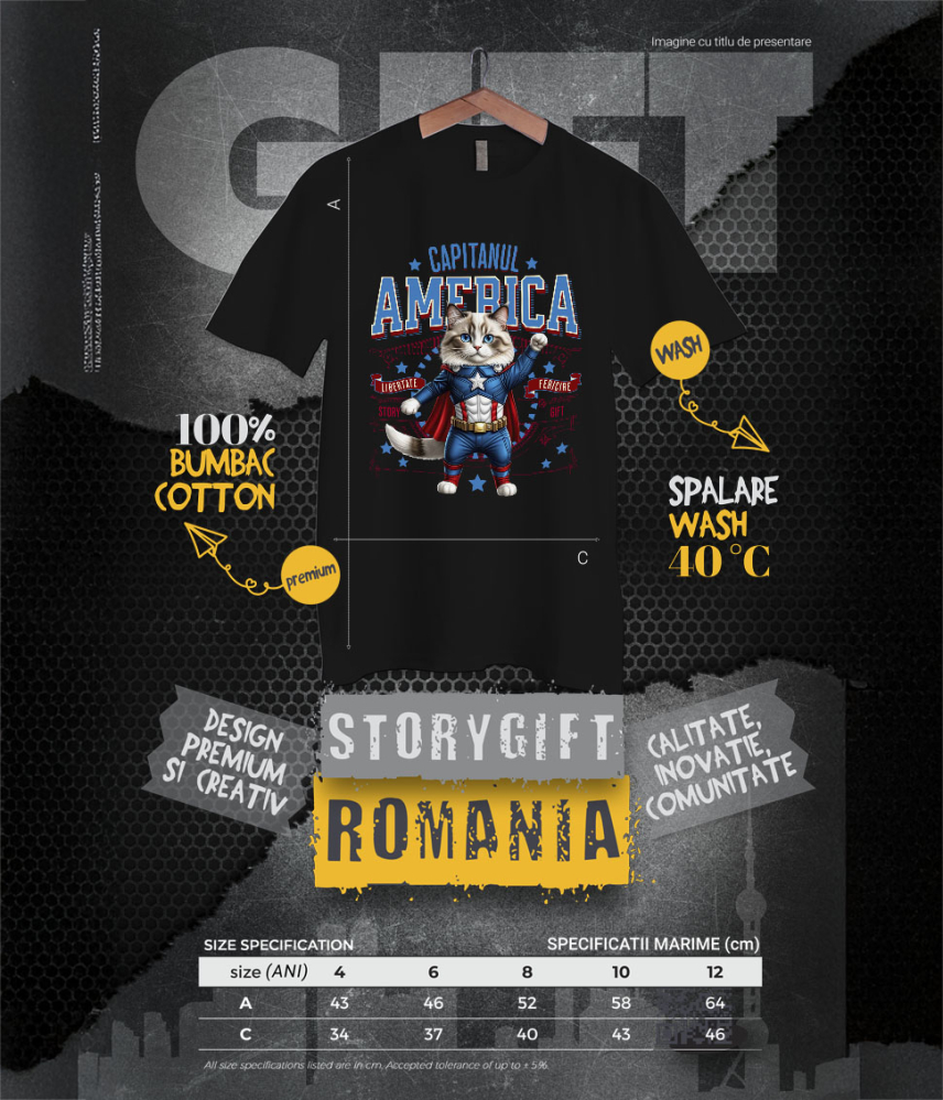 Tricou Femei, Barbati, Copii, Fata, Baiat, Unisex Personalizat Pisica Ragdoll în Costum de Captain America cu Pelerină - Cadou Personalizat pentru Copii și Iubitorii de Pisici [6]
