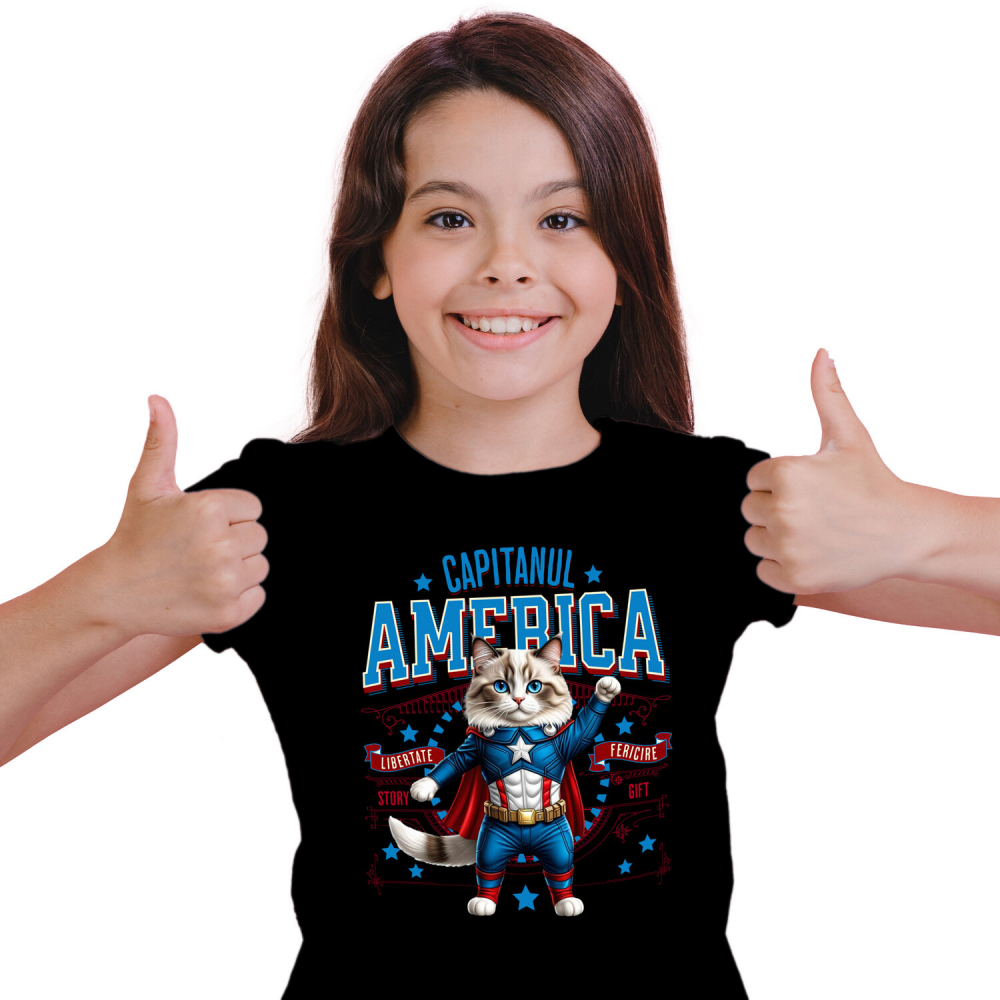 Tricou Femei, Barbati, Copii, Fata, Baiat, Unisex Personalizat Pisica Ragdoll în Costum de Captain America cu Pelerină - Cadou Personalizat pentru Copii și Iubitorii de Pisici [2]