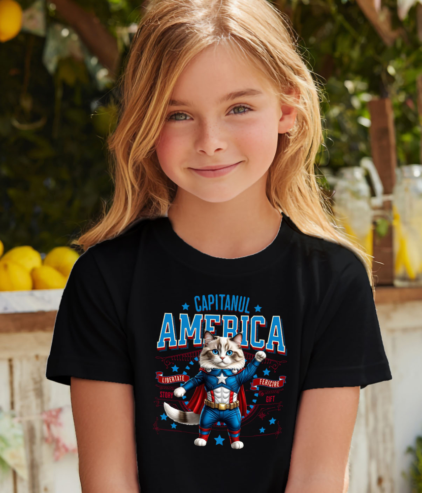 Tricou Femei, Barbati, Copii, Fata, Baiat, Unisex Personalizat Pisica Ragdoll în Costum de Captain America cu Pelerină - Cadou Personalizat pentru Copii și Iubitorii de Pisici [4]
