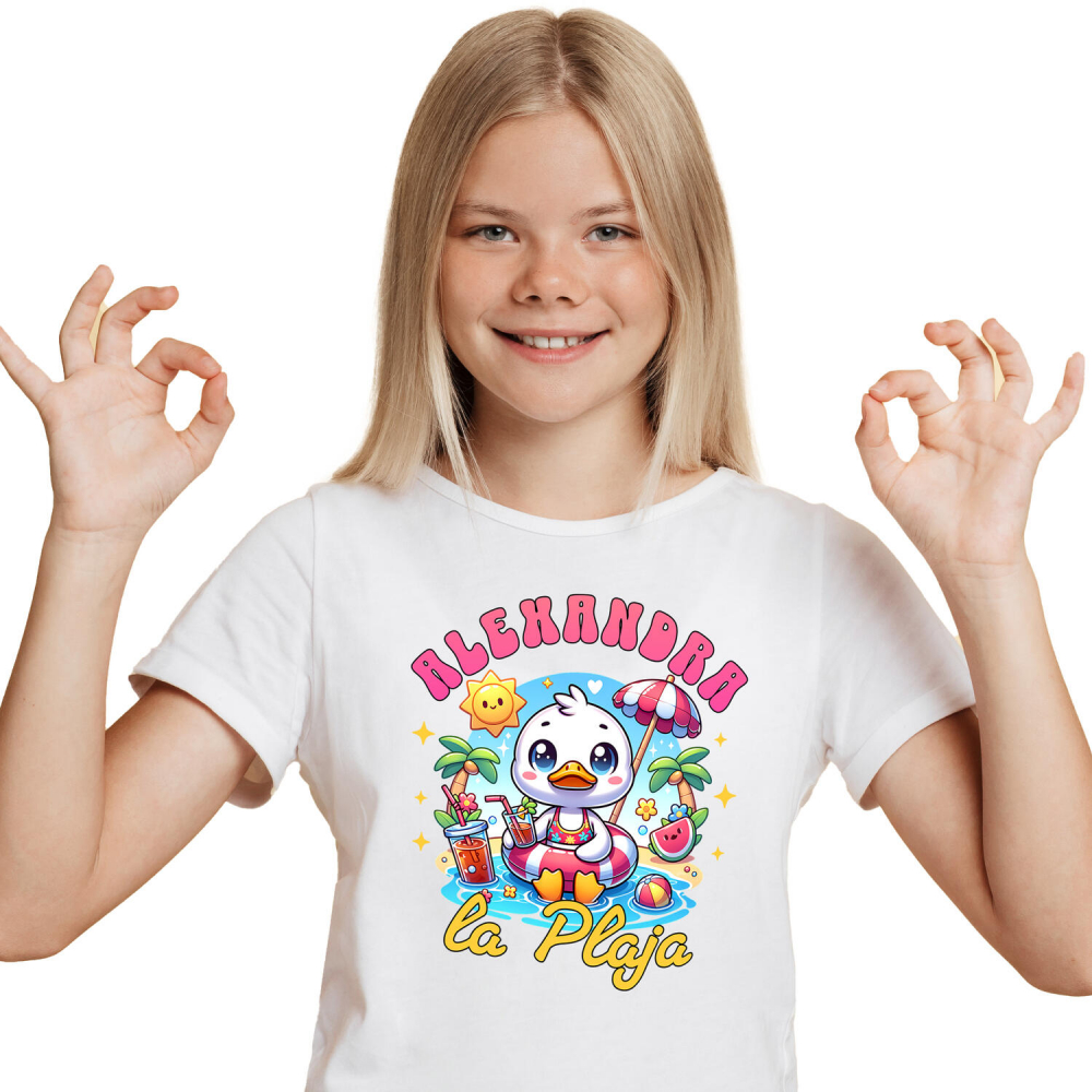 Tricou Femei, Barbati, Copii, Fata, Baiat, Unisex Personalizat Rață Albă cu Colac și Cocktail – Cadou Personalizat pentru Vacanță și Copii [1]