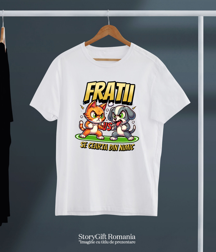 Tricou Femei, Barbati, Copii, Fata, Baiat, Unisex Personalizat Pisica și Câine – Război Amuzant între Frați „Se Cearta Din Nimic” – Cadou Personalizat [5]