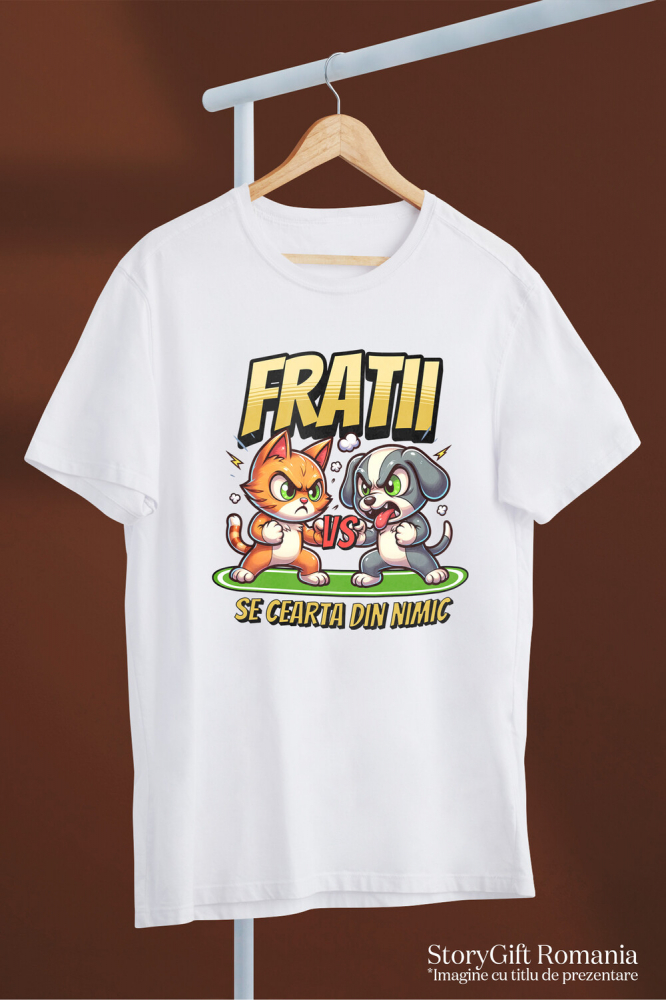 Tricou Femei, Barbati, Copii, Fata, Baiat, Unisex Personalizat Pisica și Câine – Război Amuzant între Frați „Se Cearta Din Nimic” – Cadou Personalizat [3]