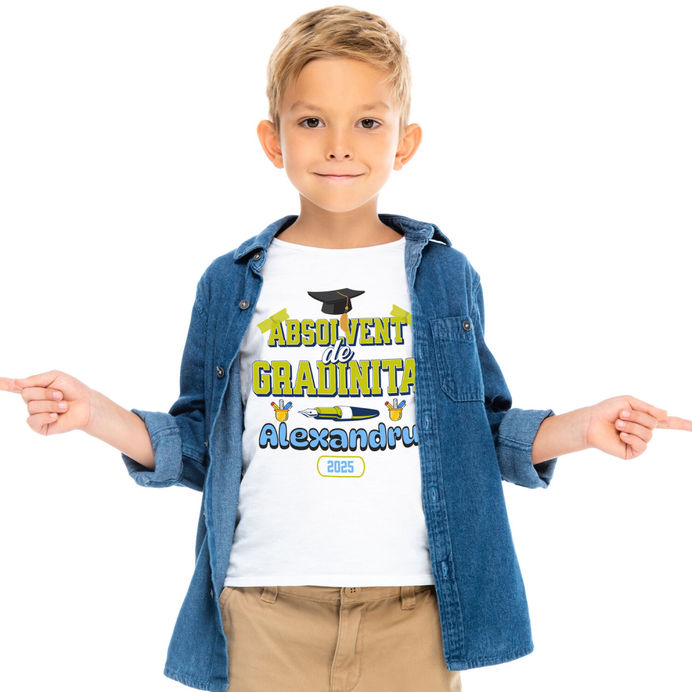 Tricou Femei, Barbati, Copii, Fata, Baiat, Unisex Personalizat Rechizite Școlare Personalizate & Toca Absolvire pentru „Absolvent de Grădiniță Alexandra” [2]