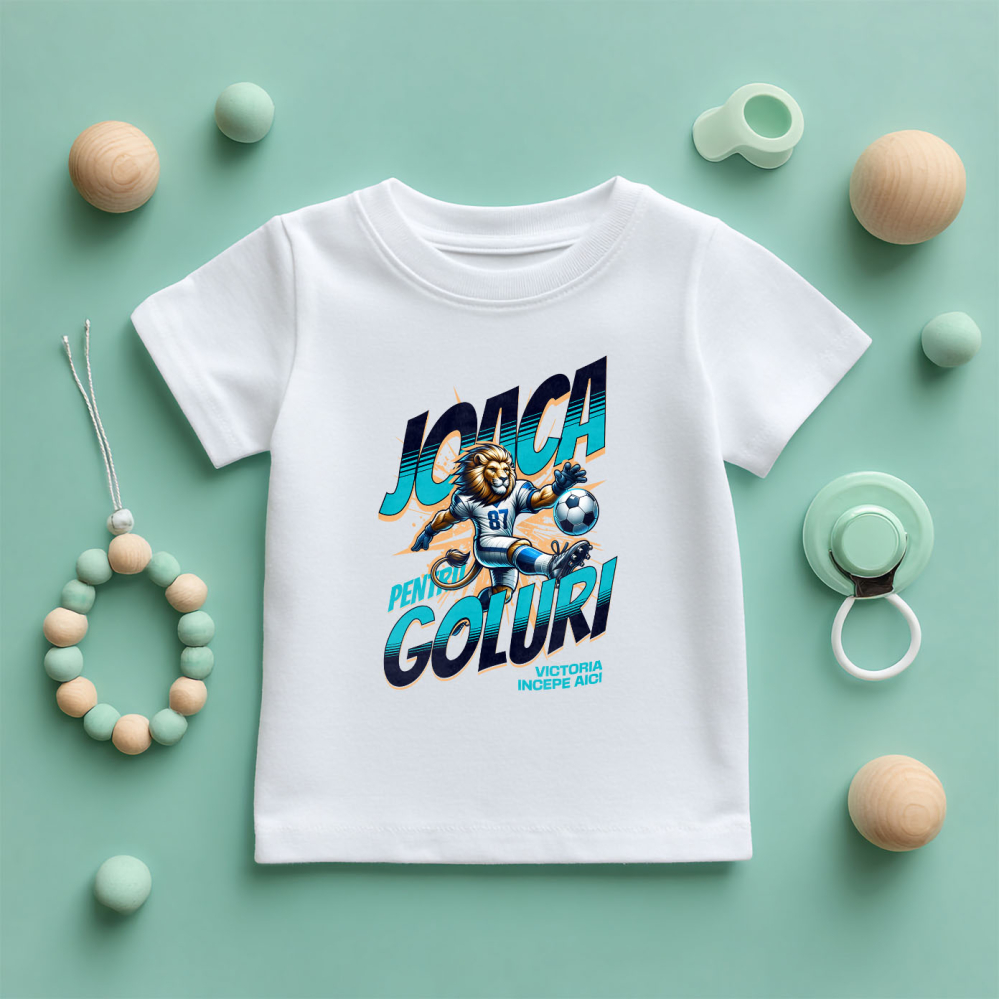 Tricou Femei, Barbati, Copii, Fata, Baiat, Unisex Personalizat Regele Leu Jucător Fotbal – Uniformă Albastră și Lovitură Minge Motivatională [5]