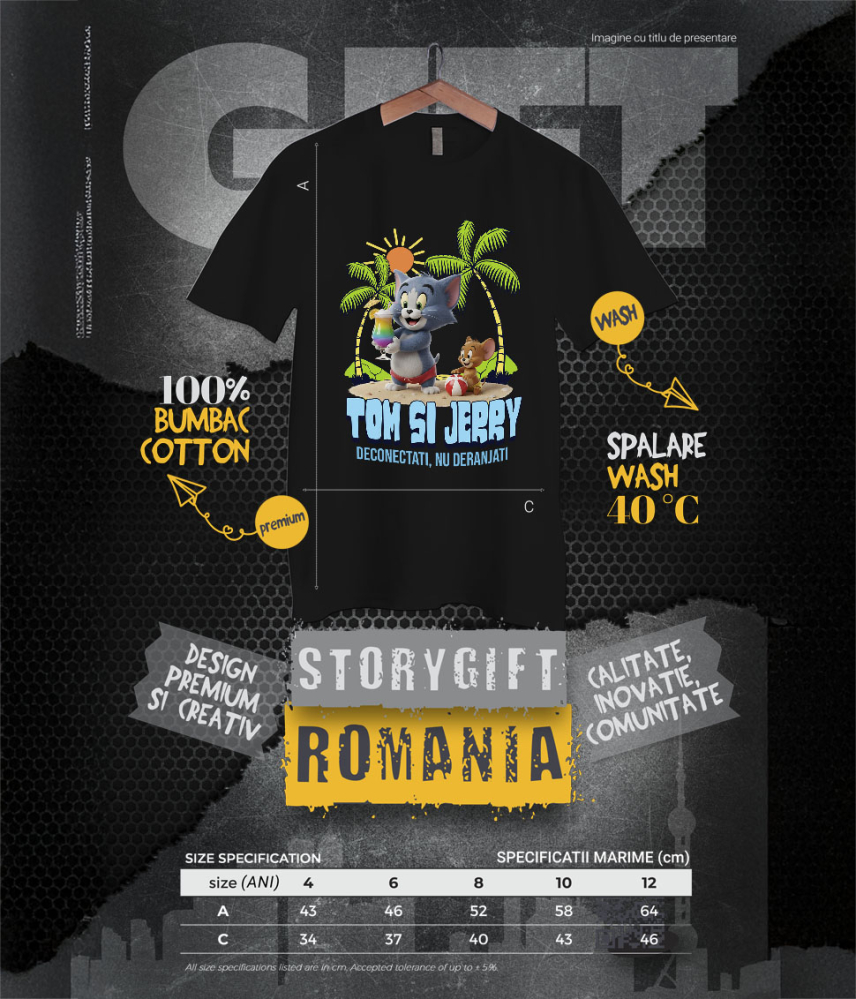 Tricou Copii cu Relaxare la Mare cu Tom and Jerry 100% Bumbac, Negru, 10 Ani [6]