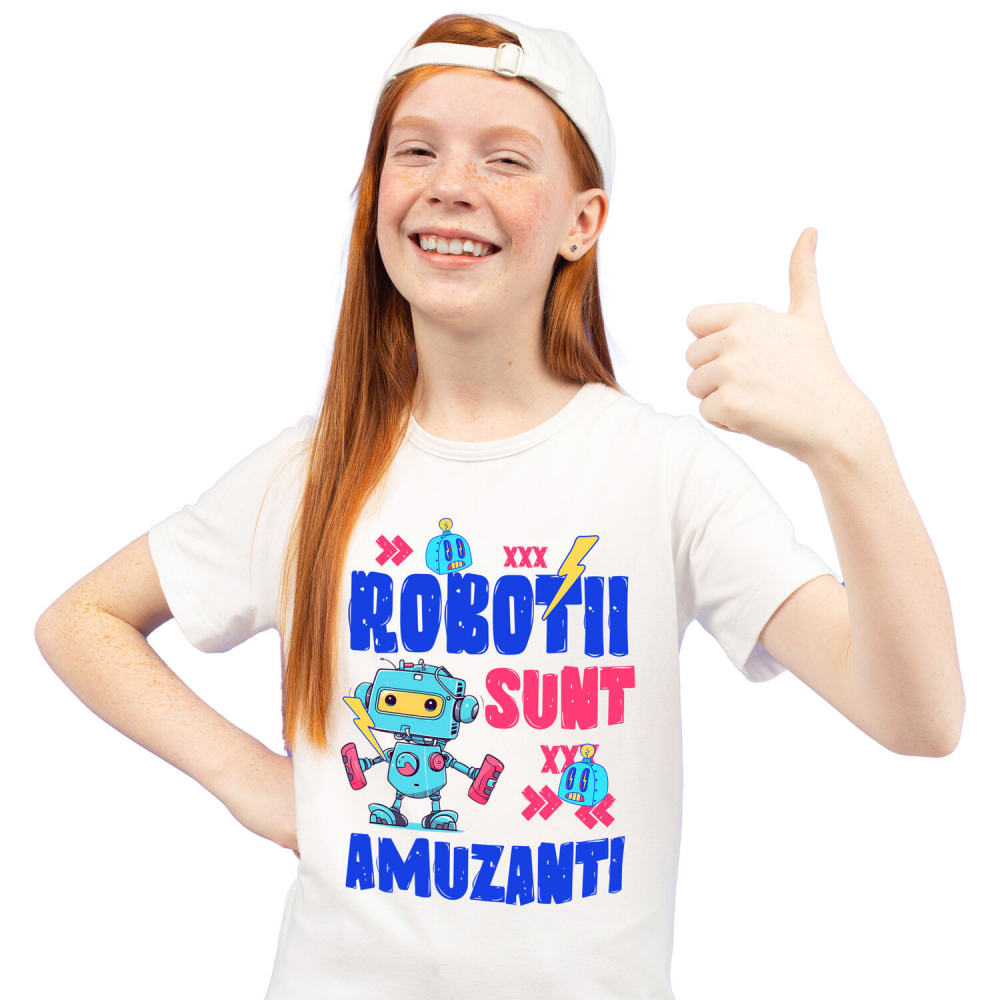 Tricou Femei, Barbati, Copii, Fata, Baiat, Unisex Personalizat Robot Metalic Colorat – Cadou Personalizat „Robotii Sunt Amuzanti” pentru Copii și Tati [1]