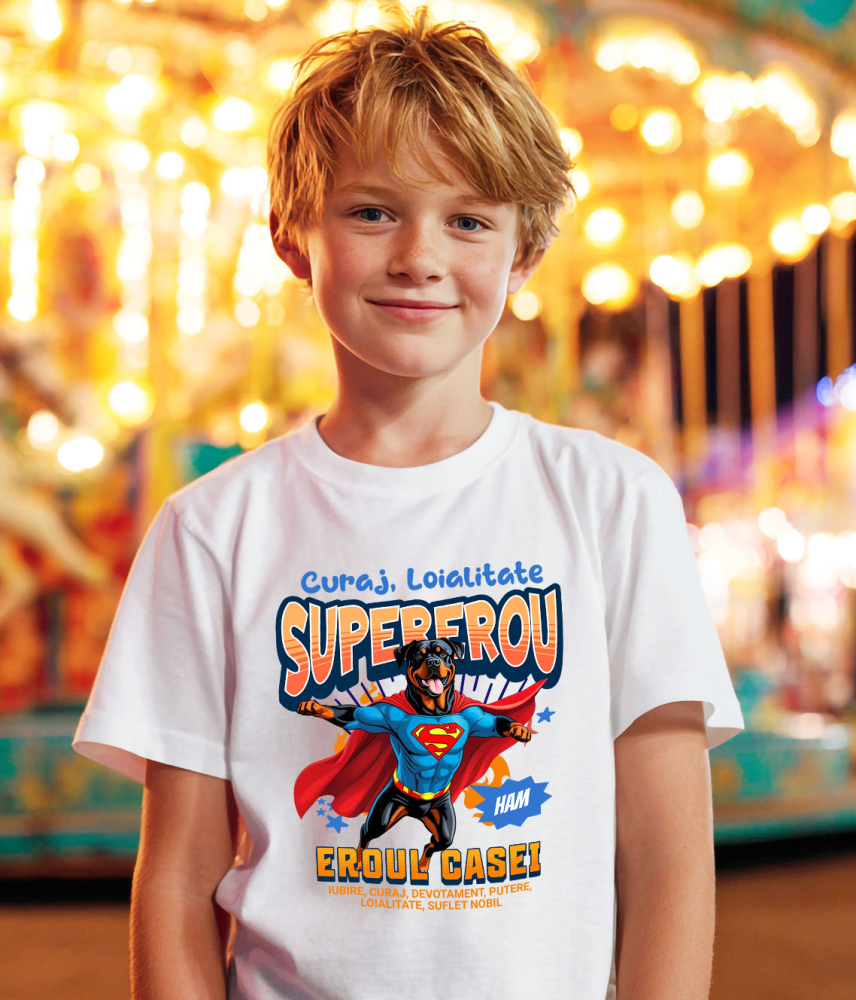 Tricou Femei, Barbati, Copii, Fata, Baiat, Unisex Personalizat Rottweiler în Costum de Superman – Produse Personalizate pentru Familie și Copii [3]