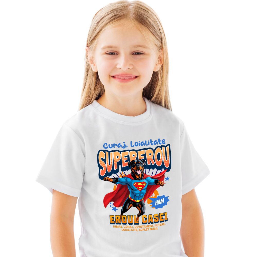 Tricou Femei, Barbati, Copii, Fata, Baiat, Unisex Personalizat Rottweiler în Costum de Superman – Produse Personalizate pentru Familie și Copii [1]