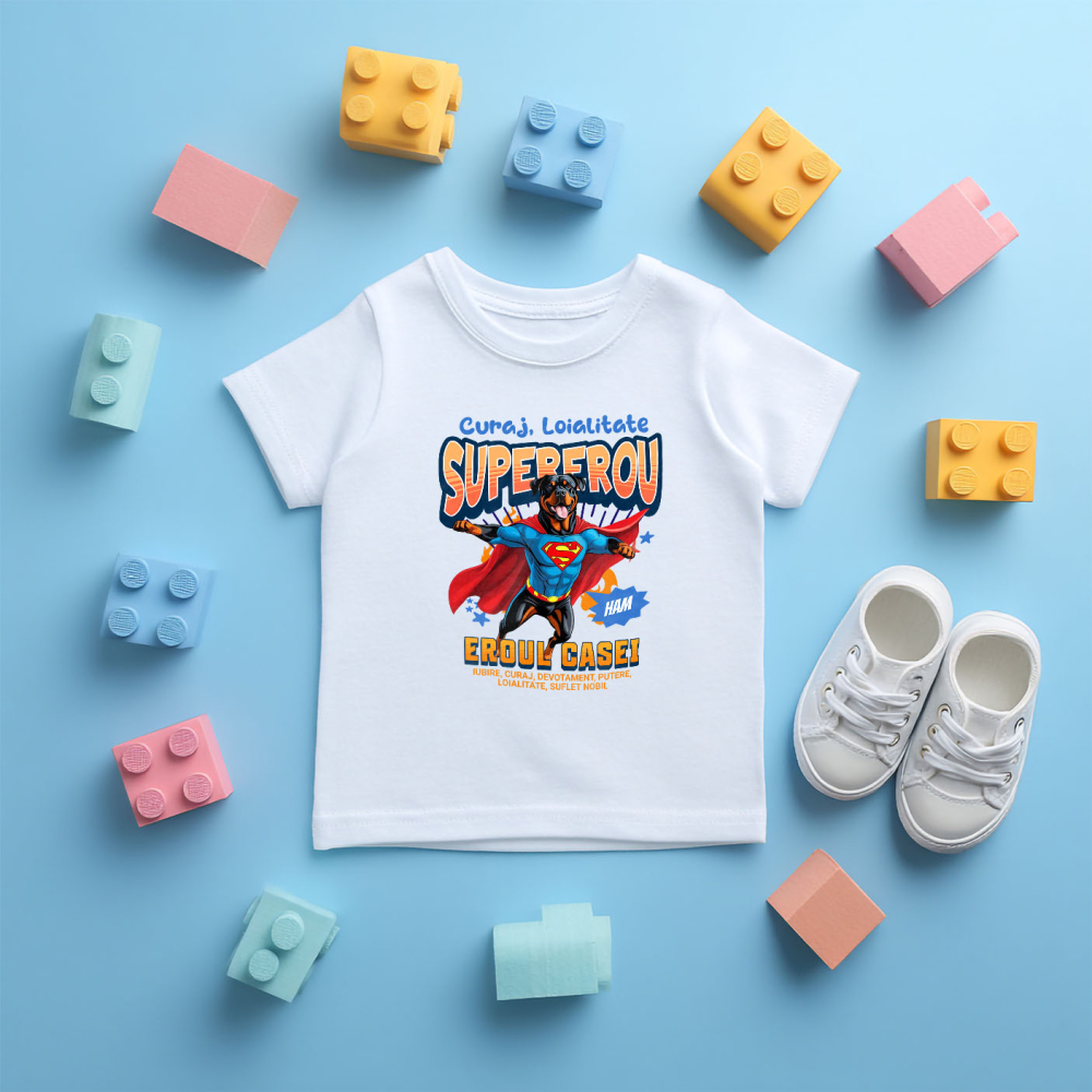 Tricou Femei, Barbati, Copii, Fata, Baiat, Unisex Personalizat Rottweiler în Costum de Superman – Produse Personalizate pentru Familie și Copii [5]