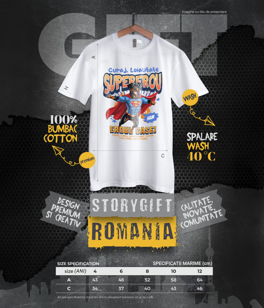 Tricou Femei, Barbati, Copii, Fata, Baiat, Unisex Personalizat Rottweiler în Costum de Superman – Produse Personalizate pentru Familie și Copii [6]