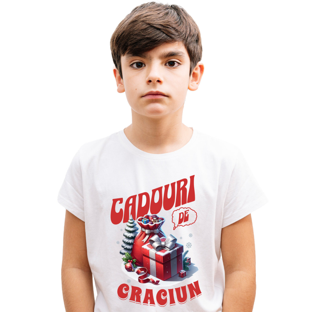 Tricou Femei, Barbati, Copii, Fata, Baiat, Unisex Personalizat Sac de Cadouri și Cutie Roșie cu Zăpadă și Globuri Colorate – Cadouri Personalizate de Crăciun [2]