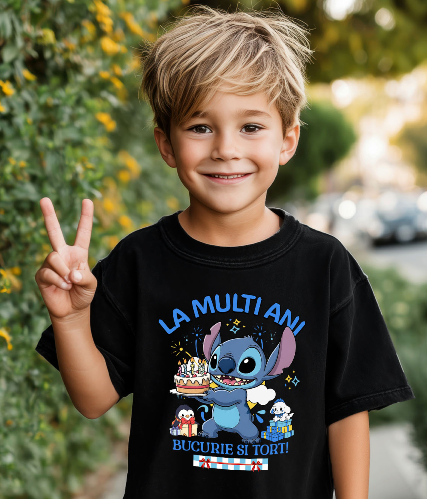 Tricou Copii cu Sarbatoreste cu Stitch – Cadouri si Tort pentru Copii 100% Bumbac, Negru, 10 Ani [3]