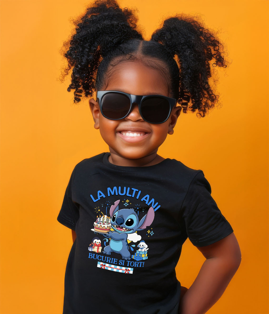Tricou Copii cu Sarbatoreste cu Stitch – Cadouri si Tort pentru Copii 100% Bumbac, Negru, 10 Ani [4]