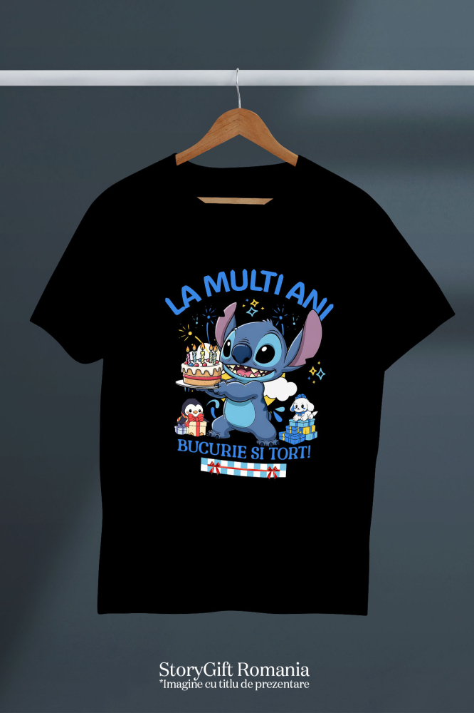 Tricou Copii cu Sarbatoreste cu Stitch – Cadouri si Tort pentru Copii 100% Bumbac, Negru, 10 Ani [5]