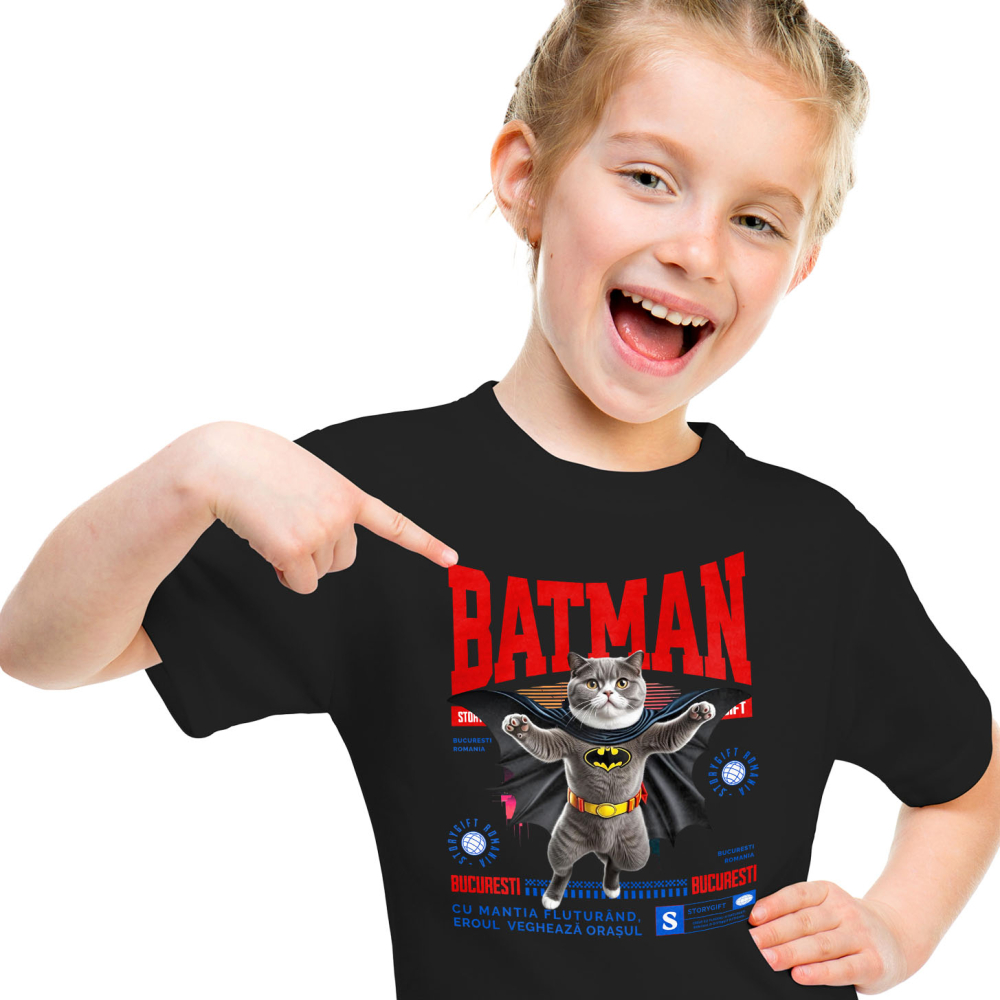 Tricou Femei, Barbati, Copii, Fata, Baiat, Unisex Personalizat Scottish Fold în Costum de Batman – Supereroul Perfect pentru Copii și Iubitorii de Pisici [2]