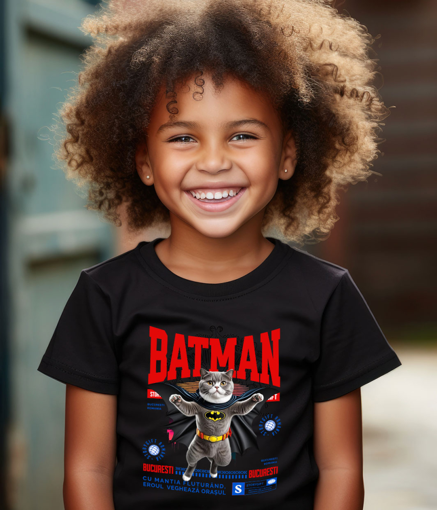 Tricou Femei, Barbati, Copii, Fata, Baiat, Unisex Personalizat Scottish Fold în Costum de Batman – Supereroul Perfect pentru Copii și Iubitorii de Pisici [4]