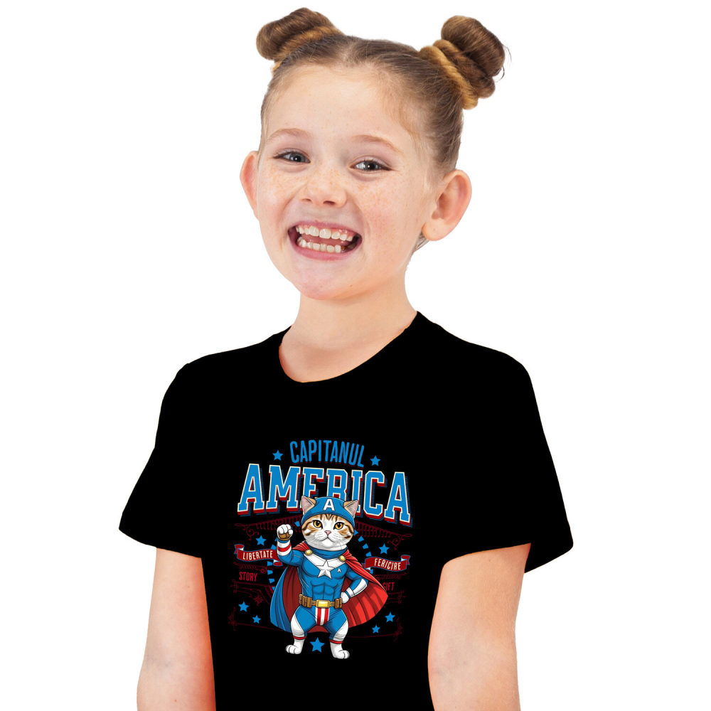 Tricou Femei, Barbati, Copii, Fata, Baiat, Unisex Personalizat Pisica Scottish Fold în Costum de Captain America cu Pelerină - Cadou Personalizat pentru Copii și Iubitorii de Pisici [2]