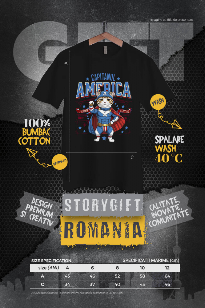 Tricou Femei, Barbati, Copii, Fata, Baiat, Unisex Personalizat Pisica Scottish Fold în Costum de Captain America cu Pelerină - Cadou Personalizat pentru Copii și Iubitorii de Pisici [4]