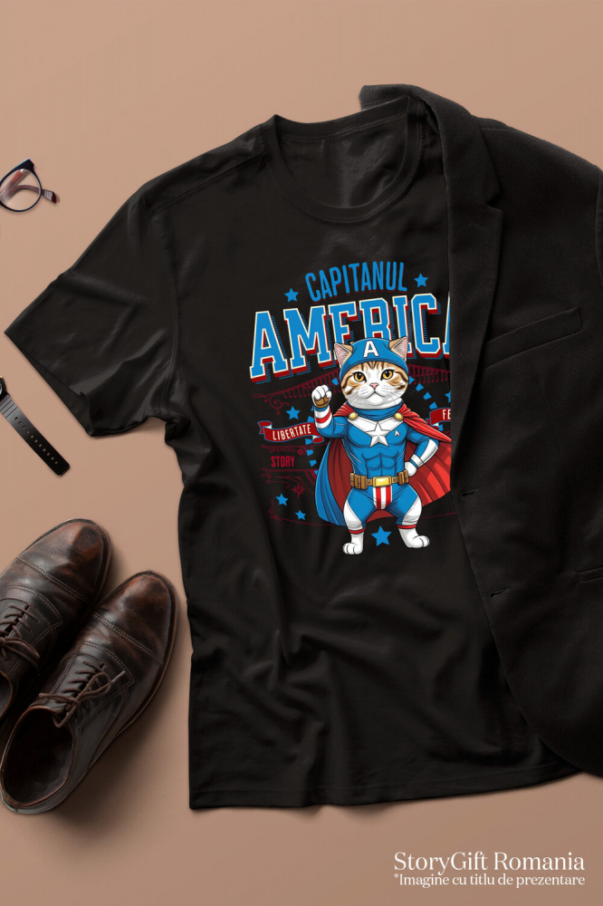 Tricou Femei, Barbati, Copii, Fata, Baiat, Unisex Personalizat Pisica Scottish Fold în Costum de Captain America cu Pelerină - Cadou Personalizat pentru Copii și Iubitorii de Pisici [3]