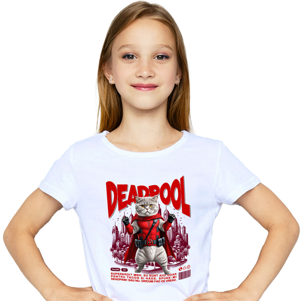 Tricou Femei, Barbati, Copii, Fata, Baiat, Unisex Personalizat Scottish Fold în Costum Deadpool – Pisică Supererou Amuzantă pentru Iubitorii de Animale [2]