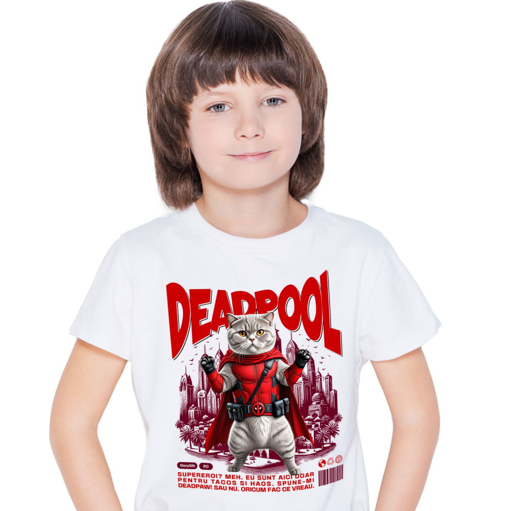 Tricou Femei, Barbati, Copii, Fata, Baiat, Unisex Personalizat Scottish Fold în Costum Deadpool – Pisică Supererou Amuzantă pentru Iubitorii de Animale [1]