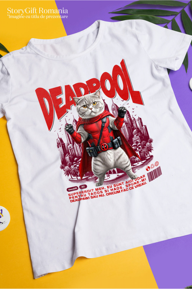 Tricou Femei, Barbati, Copii, Fata, Baiat, Unisex Personalizat Scottish Fold în Costum Deadpool – Pisică Supererou Amuzantă pentru Iubitorii de Animale [3]