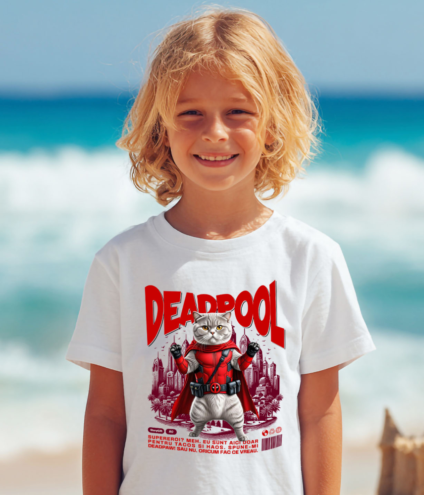 Tricou Femei, Barbati, Copii, Fata, Baiat, Unisex Personalizat Scottish Fold în Costum Deadpool – Pisică Supererou Amuzantă pentru Iubitorii de Animale [4]