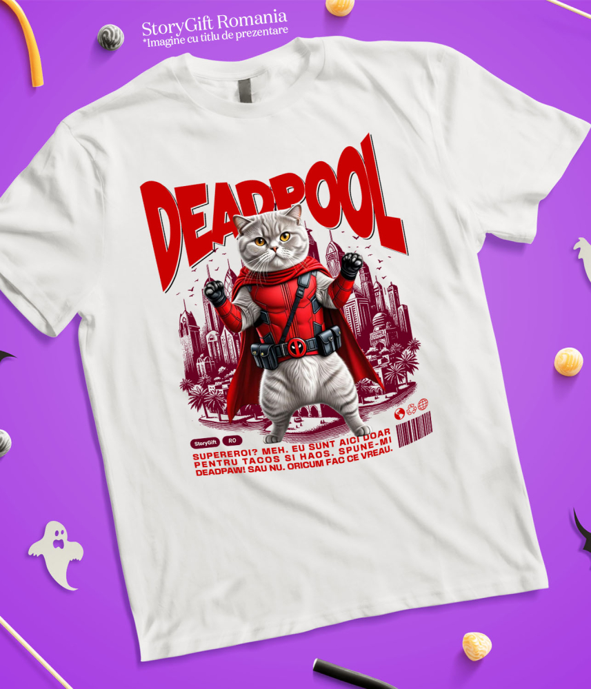 Tricou Femei, Barbati, Copii, Fata, Baiat, Unisex Personalizat Scottish Fold în Costum Deadpool – Pisică Supererou Amuzantă pentru Iubitorii de Animale [5]