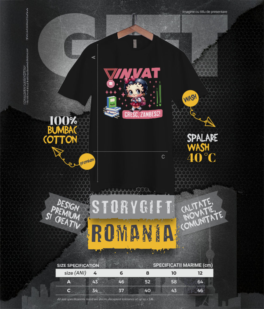 Tricou Copii cu  Scufita Rosie: Crestem în Lumea Povestilor 100% Bumbac, Negru, 12 Ani [6]