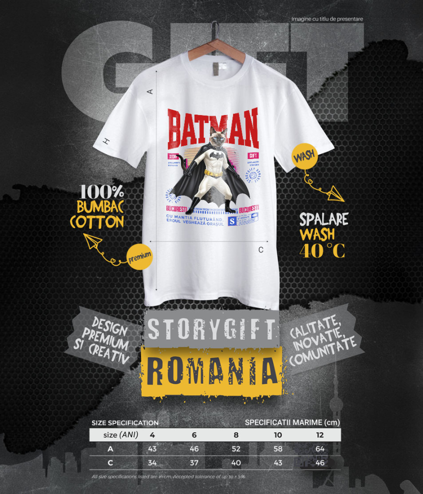 Tricou Femei, Barbati, Copii, Fata, Baiat, Unisex Personalizat Pisica Siamez în Costum de Batman – Supereroul Perfect pentru Iubitorii de Pisici și Copii [6]