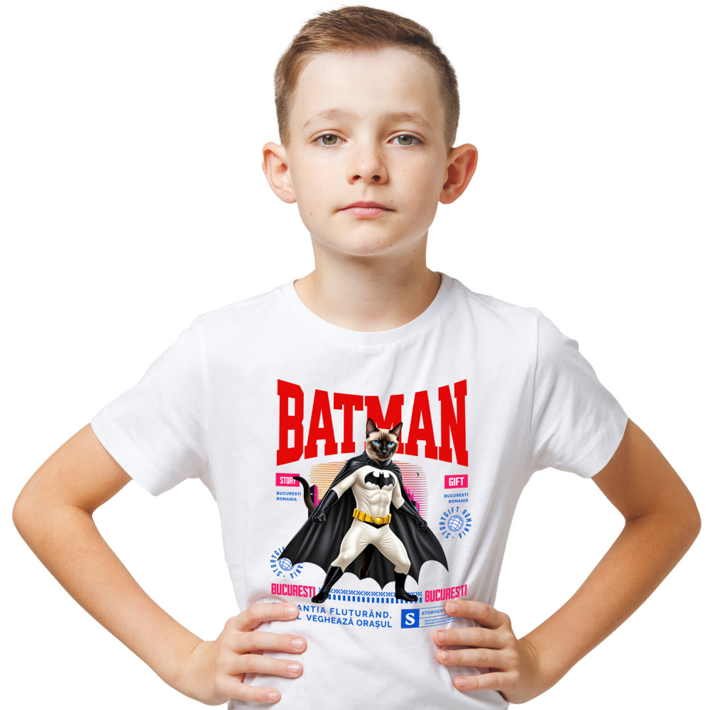 Tricou Femei, Barbati, Copii, Fata, Baiat, Unisex Personalizat Pisica Siamez în Costum de Batman – Supereroul Perfect pentru Iubitorii de Pisici și Copii [1]