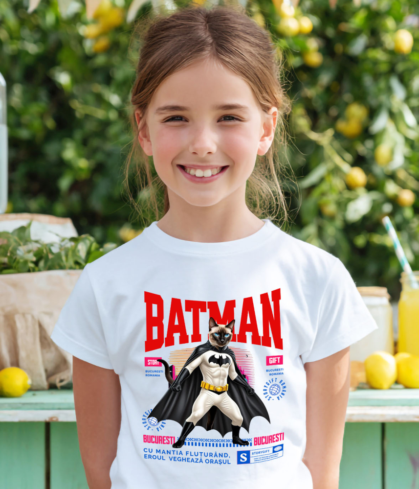 Tricou Femei, Barbati, Copii, Fata, Baiat, Unisex Personalizat Pisica Siamez în Costum de Batman – Supereroul Perfect pentru Iubitorii de Pisici și Copii [4]