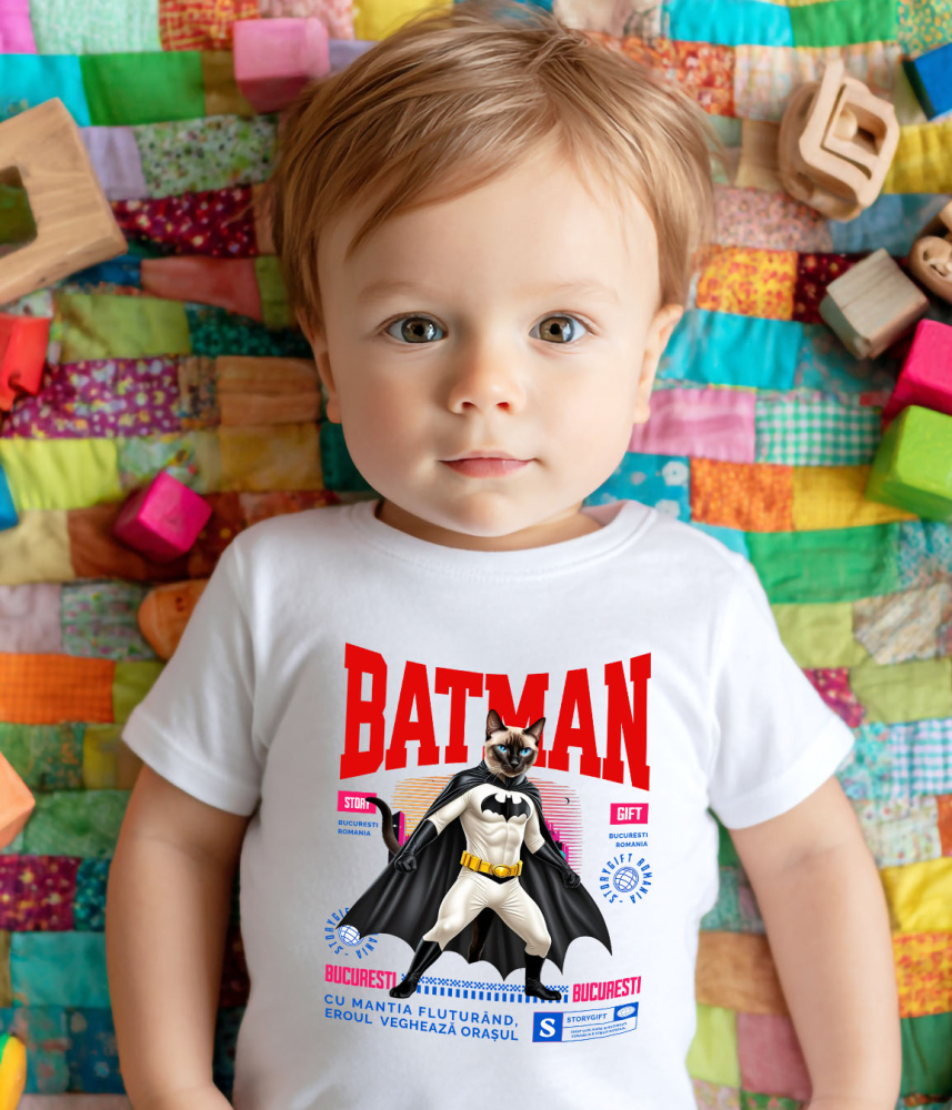 Tricou Femei, Barbati, Copii, Fata, Baiat, Unisex Personalizat Pisica Siamez în Costum de Batman – Supereroul Perfect pentru Iubitorii de Pisici și Copii [3]
