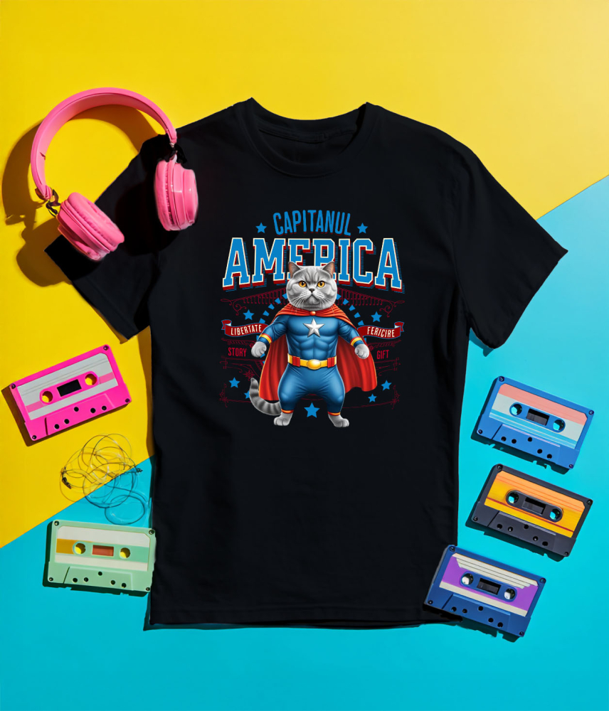 Tricou Femei, Barbati, Copii, Fata, Baiat, Unisex Personalizat Pisica Siameză în Costum de Captain America cu Pelerină - Cadou Personalizat pentru Copii și Iubitorii de Pisici [5]